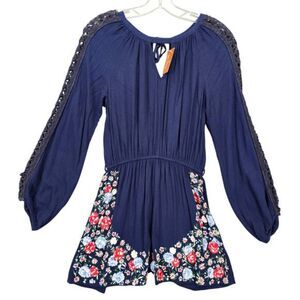 Rahi Cali Copper Penny Blue Floral Romper NEW $99 Shorts Long Sleeves Women's XS